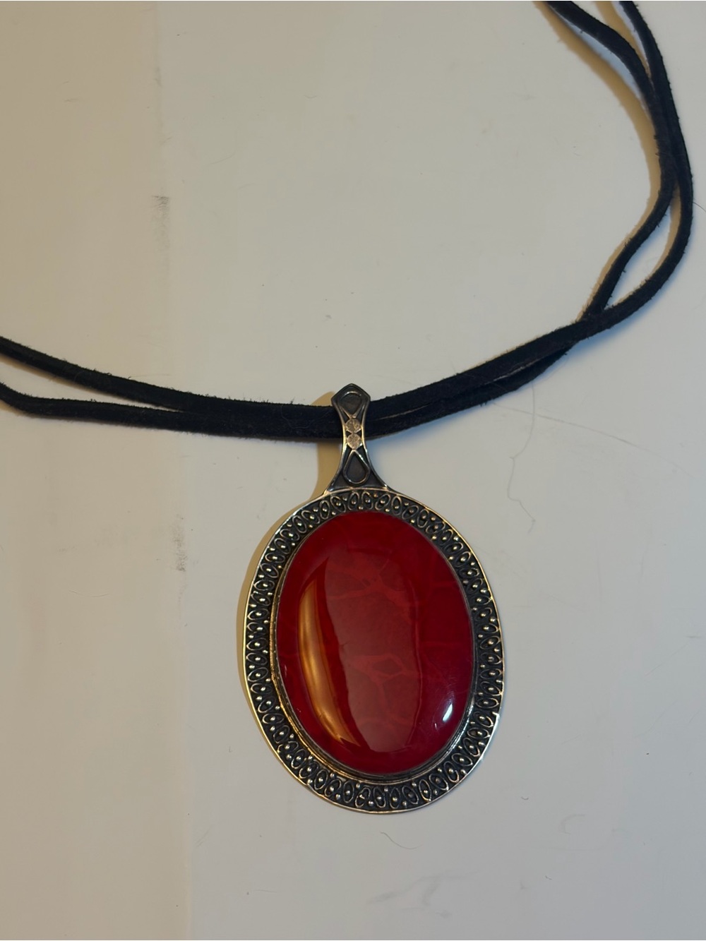 925 Sterling Silver Large Red Cabochon Pendant Black Suede Cord Statement Neckla